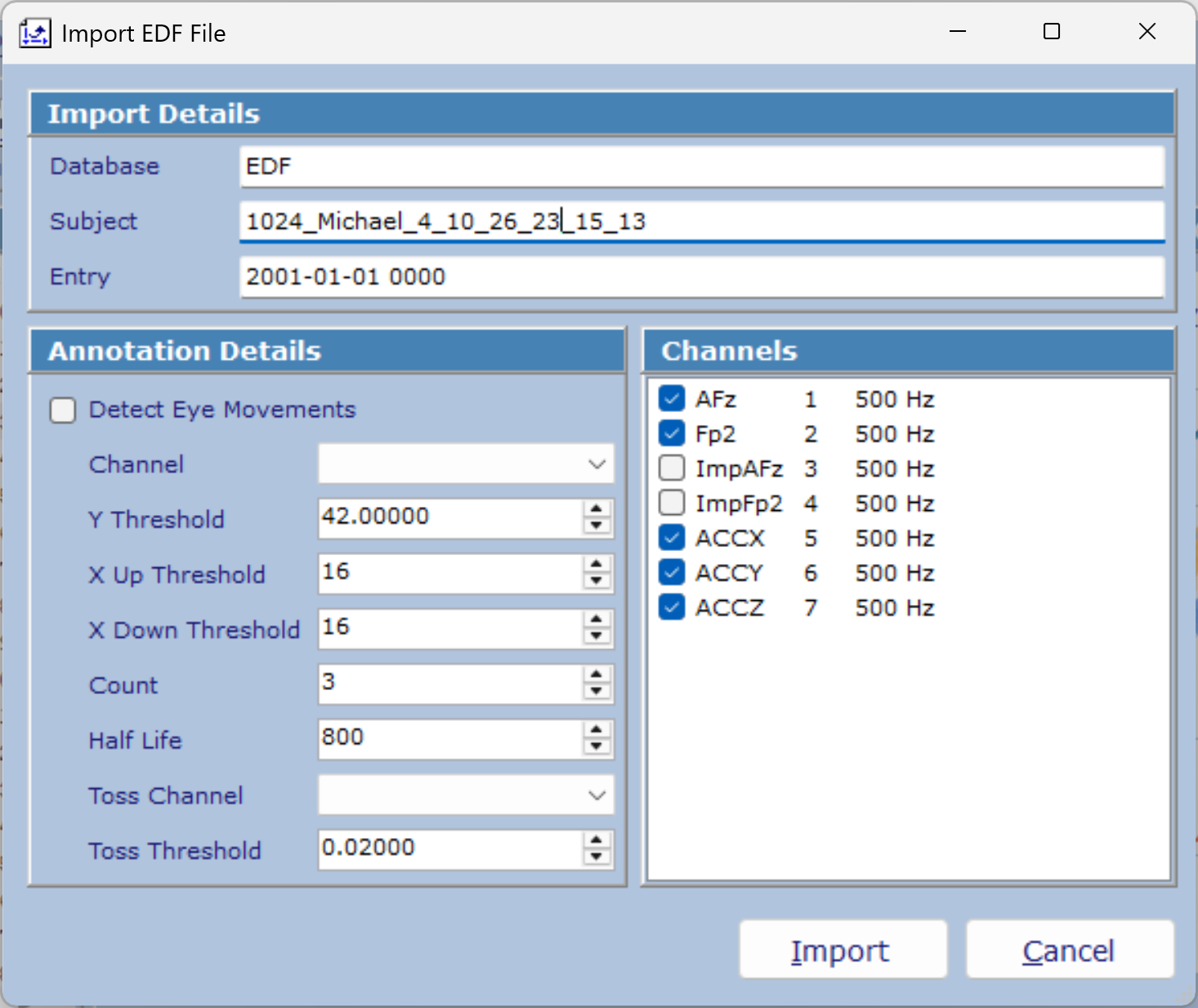Import EDF File Dialog - Lucid Scribe
